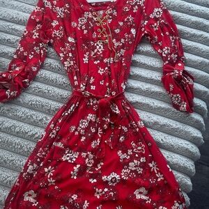 Michael Kors Red Floral Long Sleeve Dress